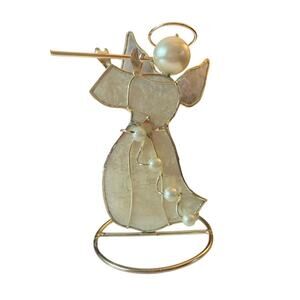 Capiz Shell Angel Flute Ornament Shelf Sitter Base Faux Pearls Gold-tone 4”x2”